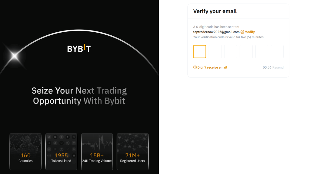 Enter 6-digit code on Bybit to verify your email address during sign-up