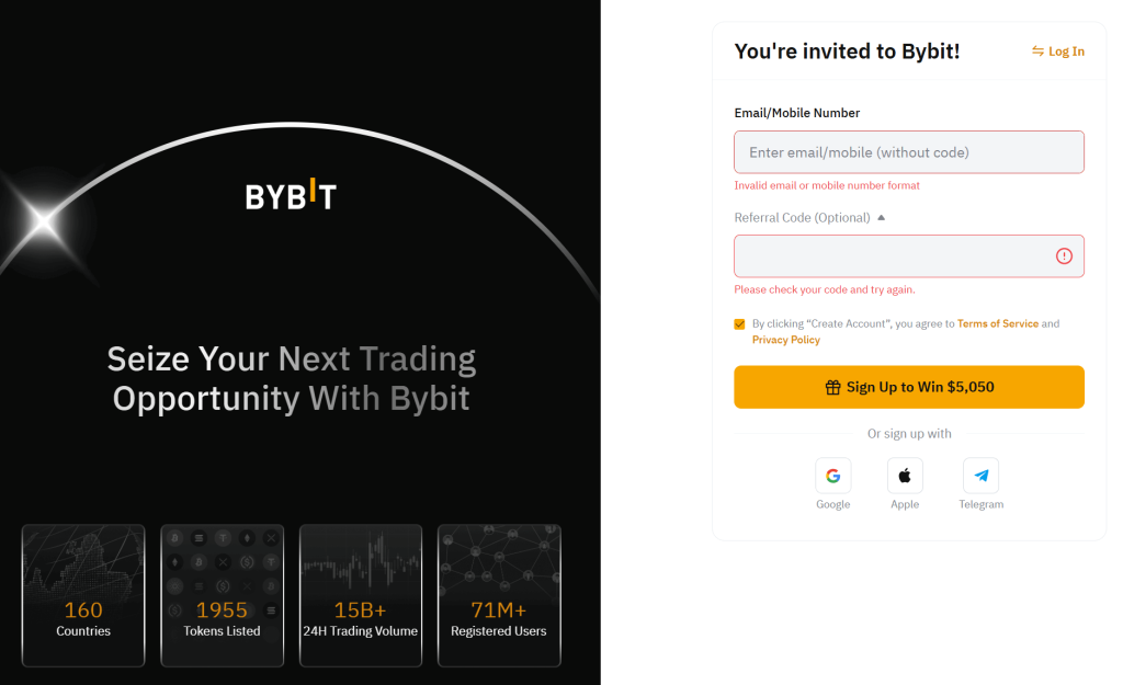 Bybit sign-up form showing email and password fields