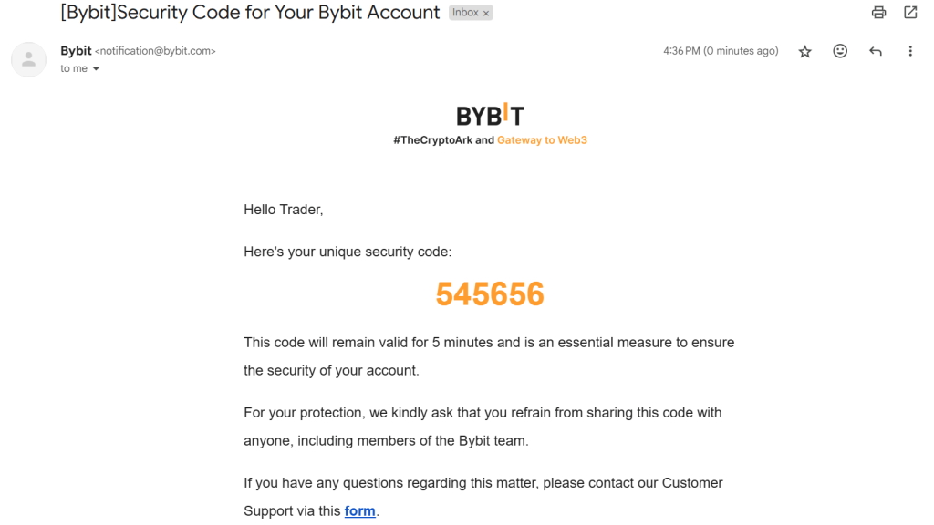 Sample email from Bybit with the 6-digit security code for account verification