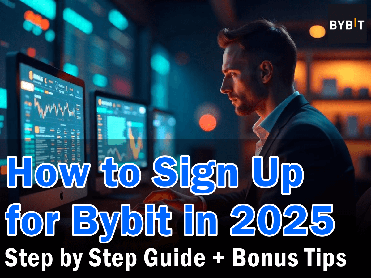A blog thumbnail image showing a crypto trader in front of monitors with the title 'How to Sign Up for Bybit in 2025'.